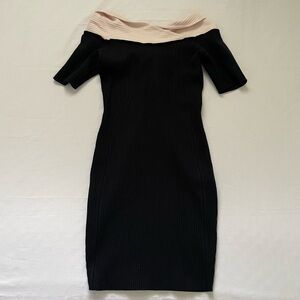 Black One-Shoulder Knit Dress with Cream Fold-Over Neckline